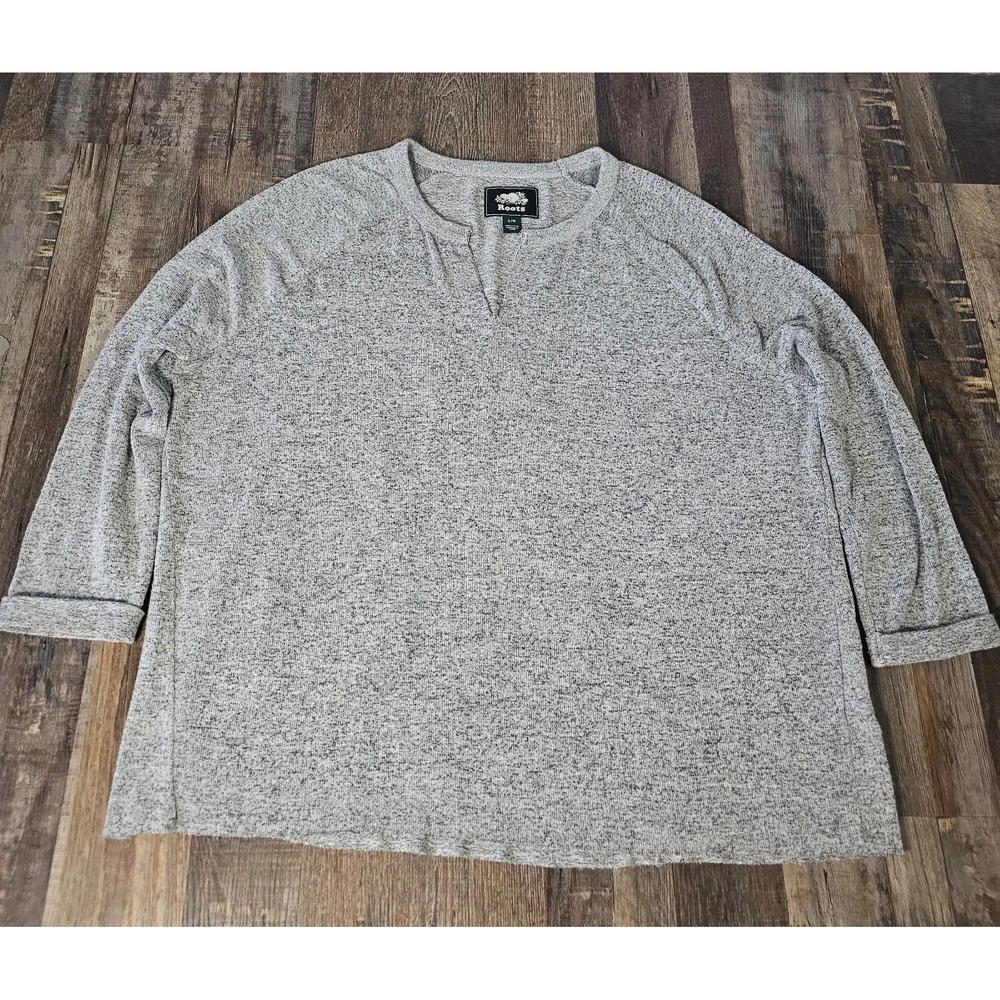 Roots Sweater Marled Fisherman Earthy Cottage Rustic Large L V Neck 3/4 Sleeve